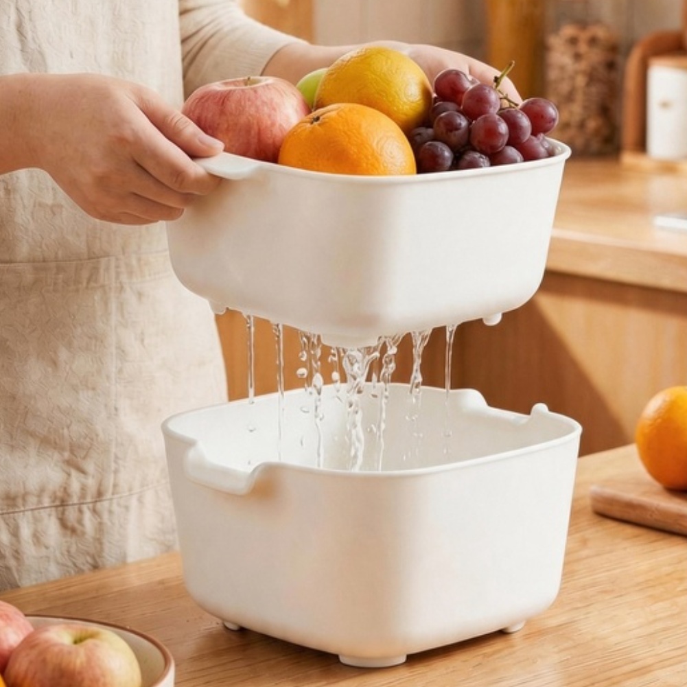 食品グレードの二層排水バスケット、中空のボウル、頑丈なパント - Kitchen Gadgets Organizer のレビューと価格