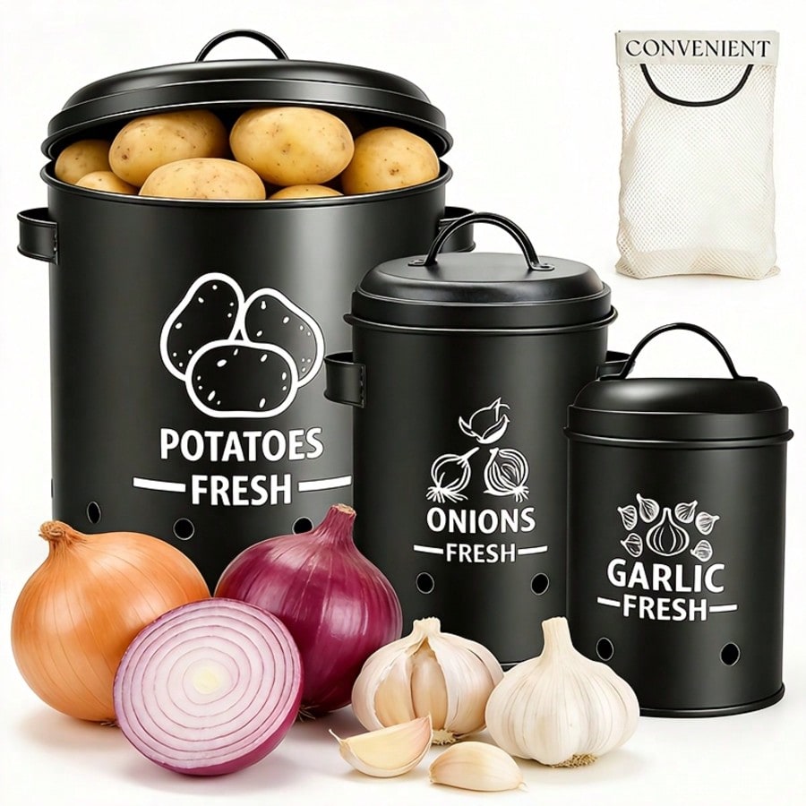 ポテト・オニオン・ガーリック収納ビンセット、ファームハウス風 - Kitchen Gadgets Organizer のレビューと価格